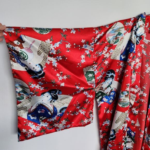 Lotus Japanese Floral Long Kimono Robe One Size Oriental Colorfull - Picture 5 of 7
